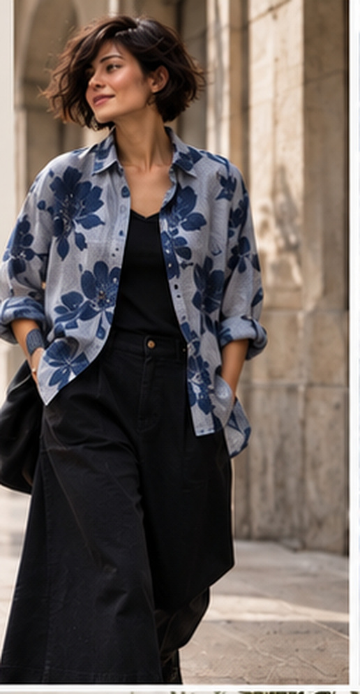 Chemise bleue IKI aux motifs floraux